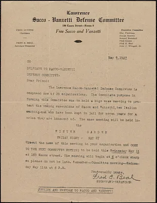 Fred E. Beal (Lawrence Sacco-Vanzetti Defense Committee) typed letter signed to Sacco-Vanzetti Defense Committee, Lawrence, Mass., May 9, 1927