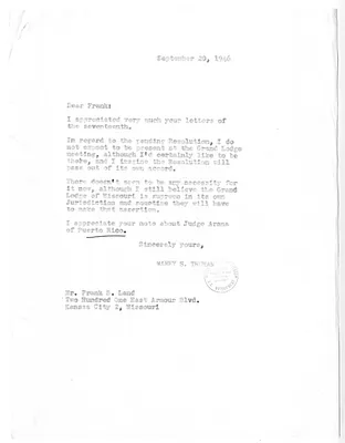 Correspondence Between President Harry S. Truman and Frank Land