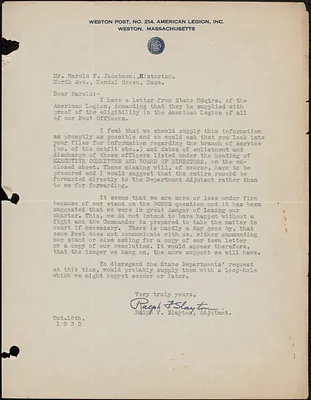 Letter to Harold Frederick Jacobsen from Ralph F. Slayton, Adjutant, 1932-10-18