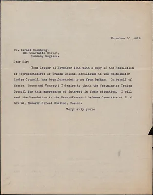 Typed note (copy) to Israel Rosenberg, November 30, 1926