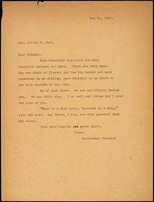 Bartolomeo Vanzetti typed note (copy) to Cerise Jack, [Charlestown], 31 May 1926