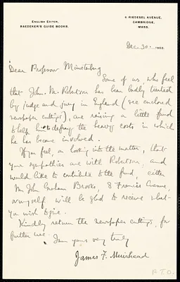 Muirhead, James F. (James Fullarton), 1853-1934 manuscript letter signed to Hugo Münsterberg, Cambridge, Mass., 30 December 1903