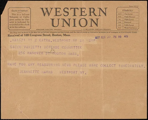 Jeannette Marks telegram to Sacco-Vanzetti Defense Committee, Westport, N.Y., August 20, 1927