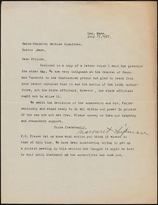 Margaret Shipman typed letter signed to Sacco-Vanzetti Defense Committee, Lee, Mass., July 17, 1927