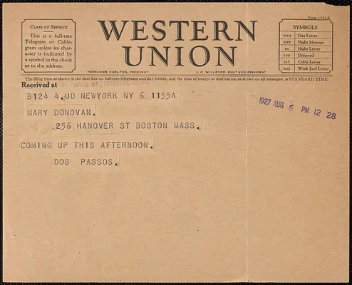 John Dos Passos telegram to Mary Donovan, New York, N.Y., August 6, 1927