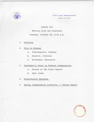 Agenda for Vice President Nelson A. Rockefeller's Meeting with President Gerald R. Ford