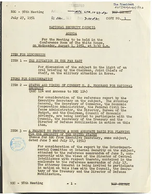 Agenda for the Ninety-Eighth Meeting of the National Security Council