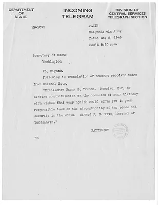 Telegram from Richard C. Patterson to Secrertary of State Edward Stettinius