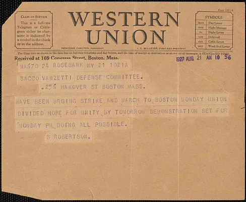 S. Robertson telegram to Sacco-Vanzetti Defense Committee, Rosebank, N.Y., August 21, 1927