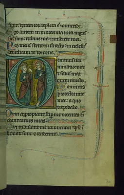 Leaf from Psalter of Jernoul de Camphaing: Initial D with King David Pointing to Eyes before Christ