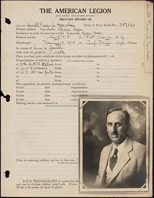 American Legion military record of Harold Frederick Jacobsen
