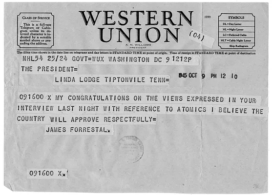 Telegram from Secretary of the Navy James Forrestal to President Harry S. Truman
