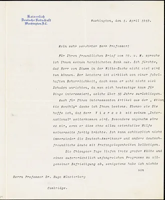 Bernstorff, Johann Heinrich, Graf von, 1862-1939 typed letter signed to Hugo Münsterberg, Washington, D.C., 01 April 1912