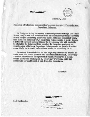 Memorandum of Telephone Conversation Between Secretary of State Dean Acheson and Secretary of Defense James Forrestal