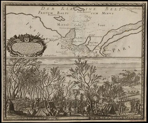 Tabula exibens situm locorum ubi Sereniss: et Potentiss: Rex Carolvs Gvstavus superato non sine singularij numinis diuini auxilio freto balthico minori, glacie pontis vicem praebente copias Danorum fudit totaque insula Fionia potitus est, d. 30. Ian A.V. 1658