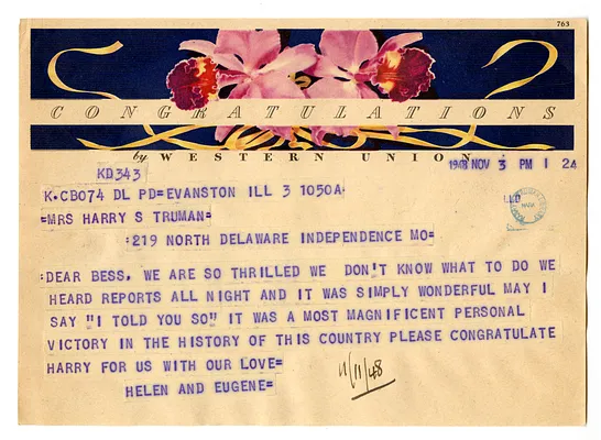 Telegram from Helen and Eugene to Bess W. Truman