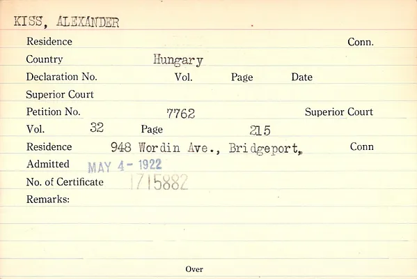 Fairfield County Superior Court and Fairfield County Court of Common Pleas, Index to Records of Naturalization, 1839-1955, Kiss-Kolz