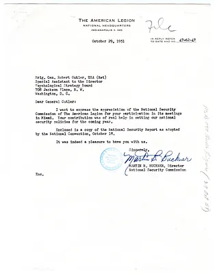Letter to Brig. Gen. Robert Cutler from Martin B. Buckner, with Attachment