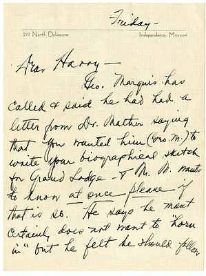 Letter from Bess W. Truman to Harry S. Truman