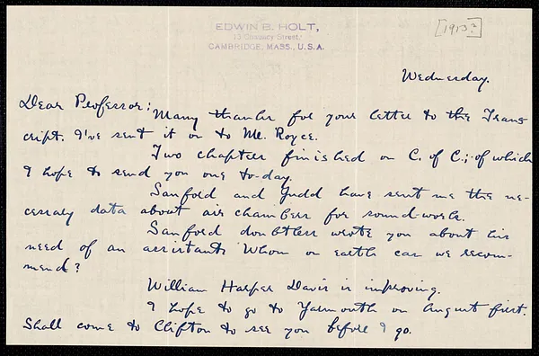Holt, Edwin B. (Edwin Bissell), 1873-1946 autograph letter signed to Hugo Münsterberg, Cambridge, Mass., [1913?]