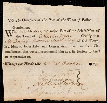 William Newhall indentured to apprentice with David Munro of Charlestown, 7 November 1770