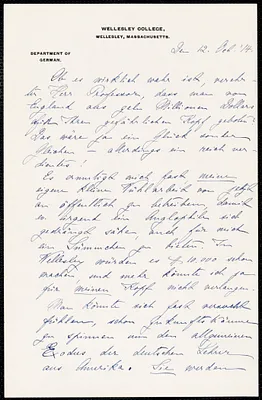 Müller, Margarethe, 1862-19-- autograph letter signed to Hugo Münsterberg, Wellesley, Mass., 12 October 1914