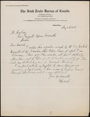 F. W. Gerrish (The Irish Trade Bureau of Canada) autograph letter signed to Sacco-Vanzetti Defense Committee, Montreal, Canada, May 4, 1927