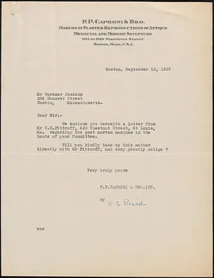 P. P. Caproni & Bro. Inc. typed note signed to Gardner Jackson, Boston, Mass., September 15, 1927