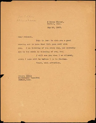 Elizabeth Glendower Evans typed note (copy) to Nicola Sacco, Boston, 23 May 1927