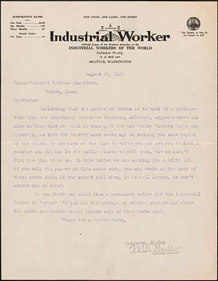 M. T. Rice (Industrial Worker, Industrial Workers of the World) typed letter signed to Sacco-Vanzetti Defense Committee, Seattle, Wash., August 30, 1927