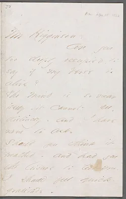 Emily Dickinson, Amherst, Mass., autograph letter to Thomas Wentworth Higginson, 15 April 1862