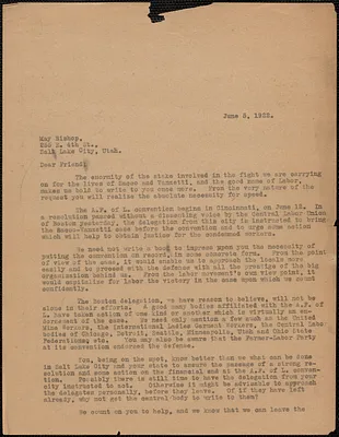 Sacco-Vanzetti Defense Committee typed letter (copy) to Mae Bishop, Boston, Mass., June 5, 1922