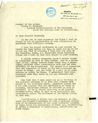 Letter from President Harry S. Truman George Marshall, with Attachments