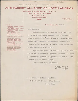 P. Allegra (Anti-Fascist Alliance of North America) typed letter signed, in Italian, to Sacco-Vanzetti Defense Committee, New York, N. Y., November 22, [1921-1927]
