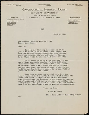 Sidney Weston (Congregational Publishing Society) typed letter (copy) to Alvan T. Fuller, Boston, Mass., April 22, 1927