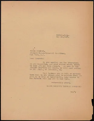 Sacco-Vanzetti Defense Committee typed letter (copy) to Celia Polisuk (Student Sacco-Vanzetti Committee), Boston, Mass., May 26, 1927