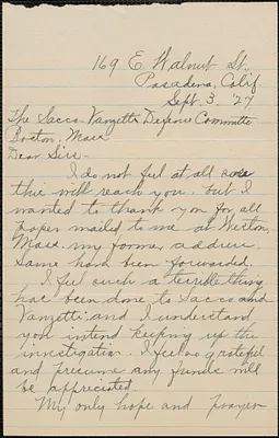 Edna L. Robinson autograph letter signed to Sacco-Vanzetti Defense Committee, Pasadena, Calif., September 3, 1927