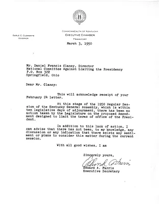 Letter from Edward Farris to Daniel F. Clancy