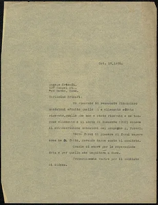 Sacco-Vanzetti Defense Committee typed note (copy), in Italian, to Angelo Craisafi, Boston, Mass., October 18, 1926