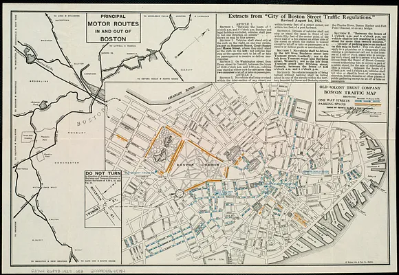 Boston traffic map showing one way streets and parking spaces