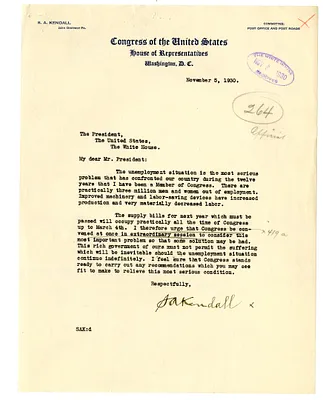 Letter from Representative S. A. Kendall to President Herbert Hoover
