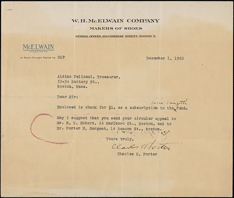 Charles H. Porter typed letter signed to Aldino Felicani, Boston, Mass., December 1, 1920