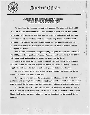 Robert F. Kennedy Statement on Law and Order in Alabama and Mississippi. May 24, 1961