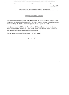President has accepted the resignation of Eric Zausner as Deputy Administrator of the Federal Energy Administration [Position Appointments and Resignations]
