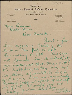 Fred E. Beal (Lawrence Sacco-Vanzetti Defense Committee) autograph letter signed to Mary Donovan, Lawrence, Mass., [May 20?, 1927]