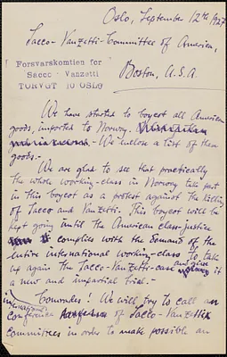 Försvarskomtien fer Sacco-Vanzetti autograph letter signed to Sacco-Vanzetti Defense Committee, Oslo, Norway, September 12, 1927