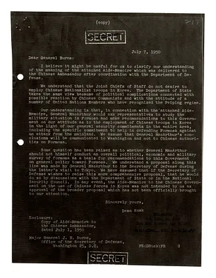 Memorandum from Dean Rusk to Major General J. H. Burns with Attachment