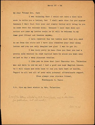 Nicola Sacco typed letter (copy) to Mrs. [Cerise] Jack, [Dedham], 27 March 1924