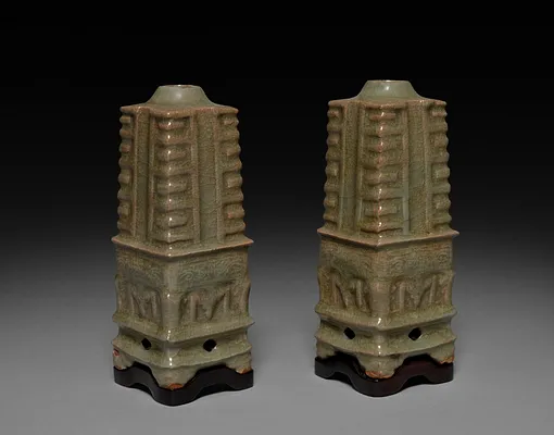 Pair of Vases in Shape of Cong: Southern Celadon Ware