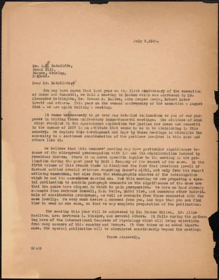 Gardner Jackson typed letter (copy) to S. K. Ratcliffe, [Boston, Mass.], July 9, 1929